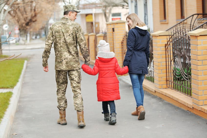 A military family walking together down the street